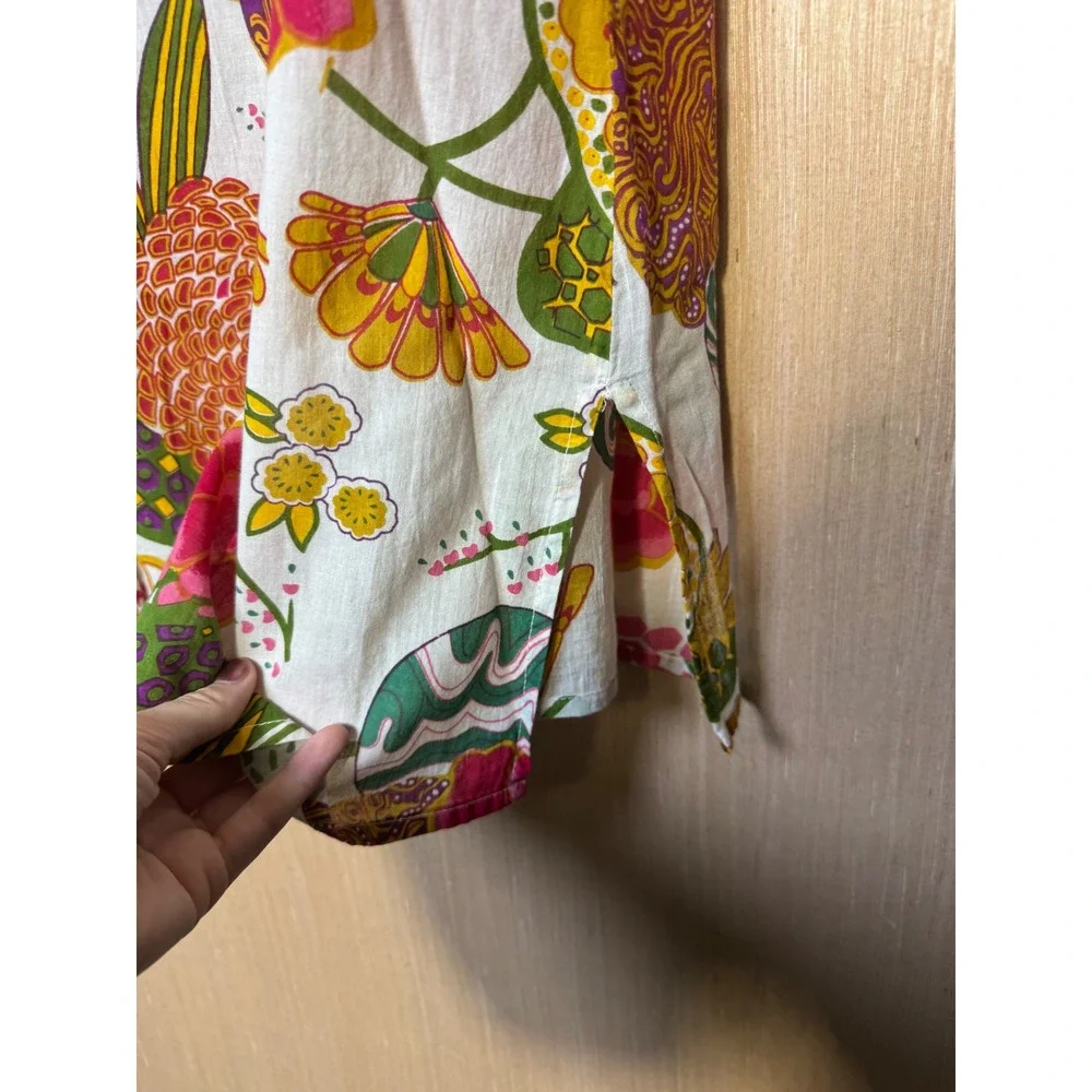 Dolma Womens Large Floral Split V-Neck Tunic Top Long Sleeve White Multicolor - Picture 5 of 6
